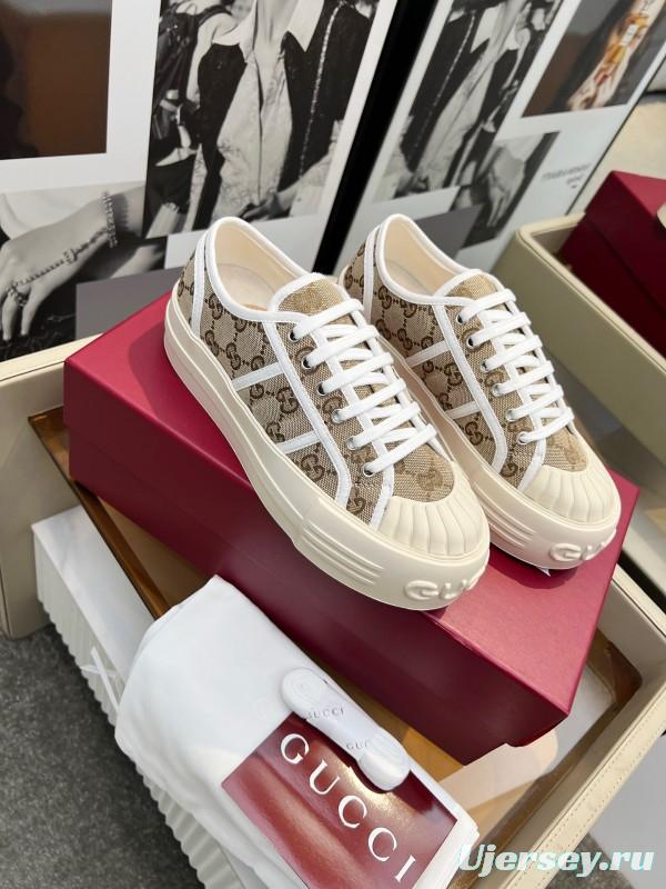 2025 Women Gucci Beige Brown Canvas Platform Sneakers Non-heritage Layered Stitching LY00270