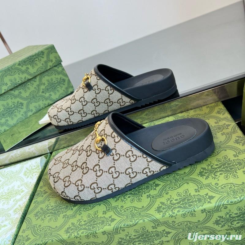 2024 Slippers Gucci Beige Brown Leather GG Pattern MJ00280