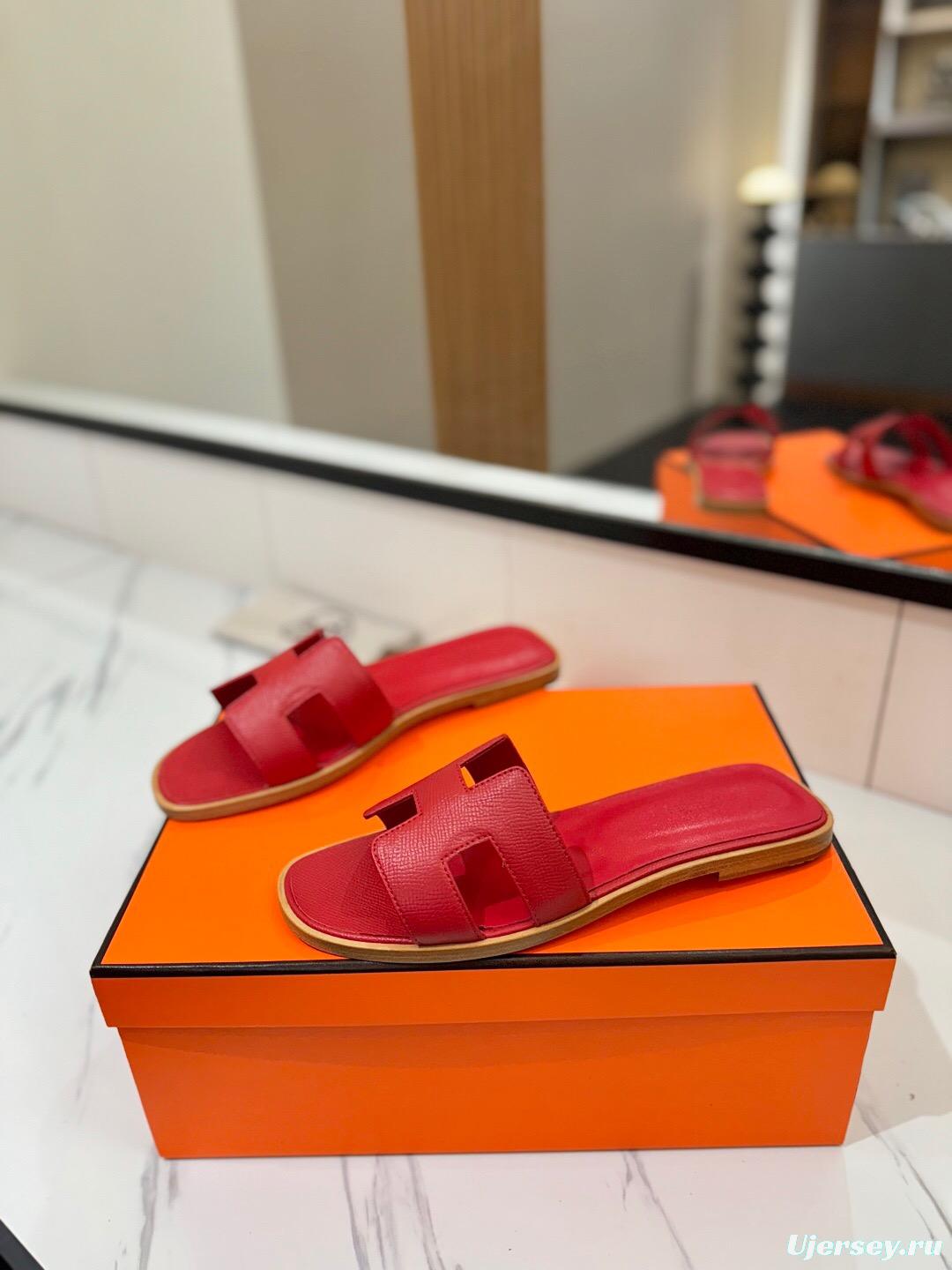 2025 Women Hermès Red Leather Slippers