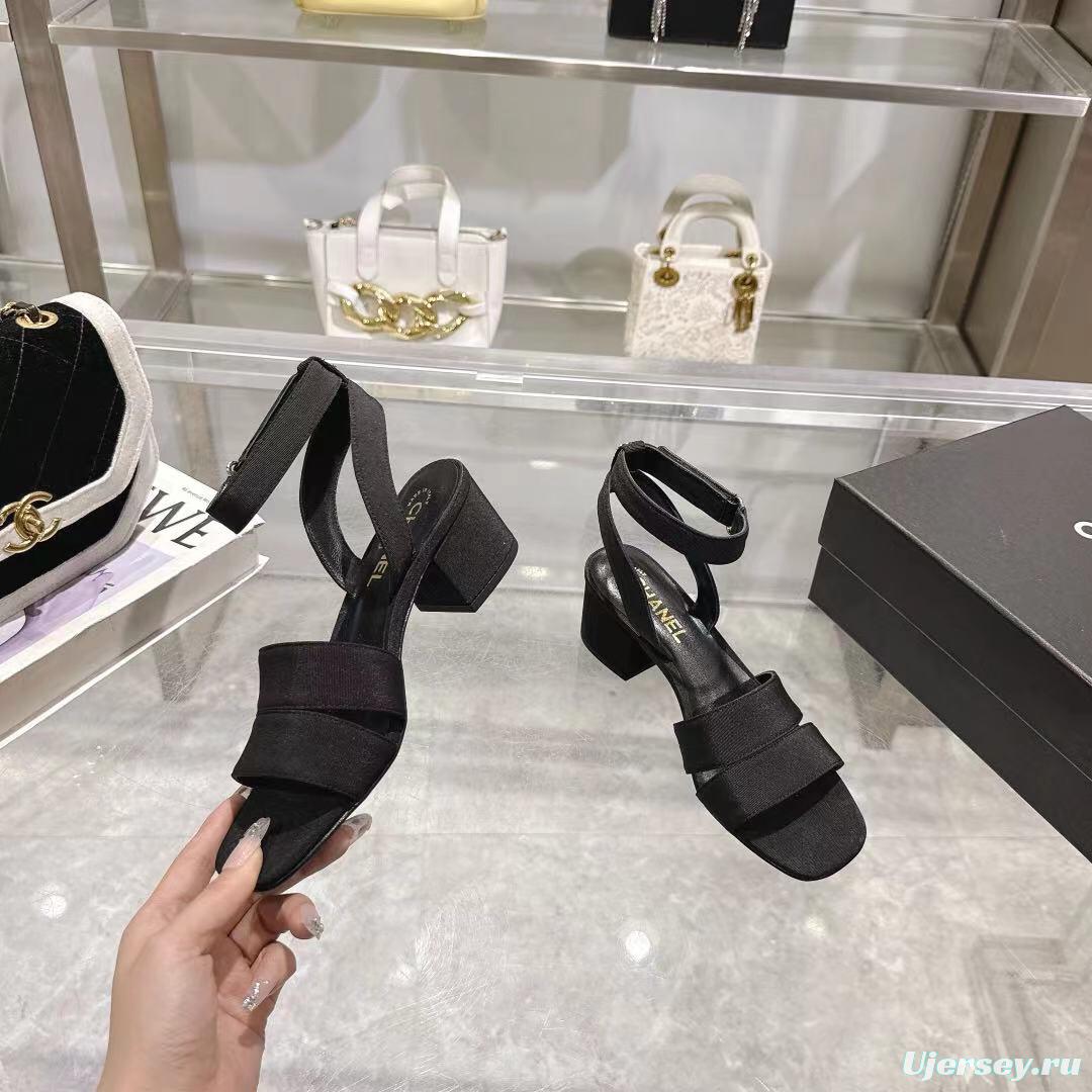 2025 Women Chanel Black Fabric Leather Sandals LY00280