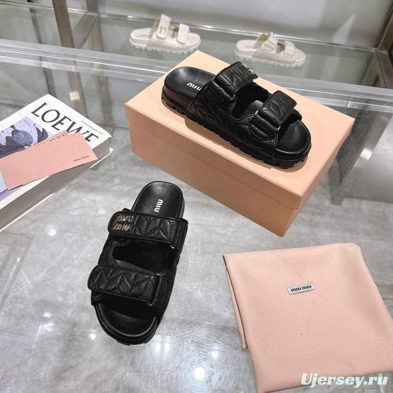 2025 Women Miu Miu Black Leather Slide Sandals