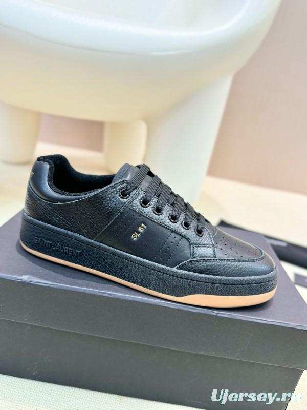 2024 Unisex Yves Saint Laurent Black Silk Grain Leather SL61 Casual Series Perforated MJ00350