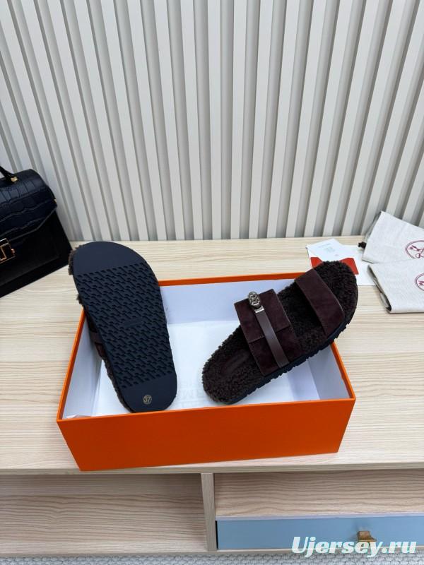 2024 Slippers Hermès Dark Brown Suede Shearling Slippers MJ00300