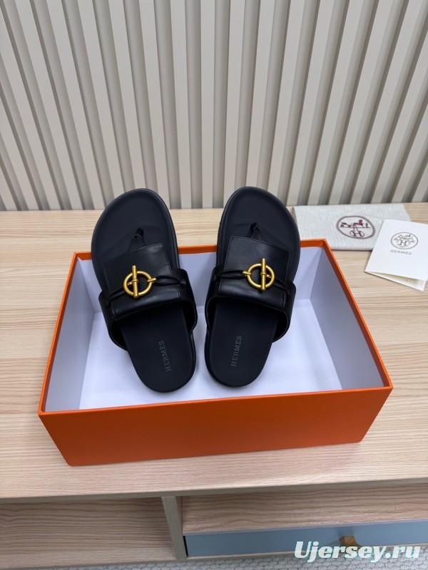 2025 Women Hermès Black Leather Slippers