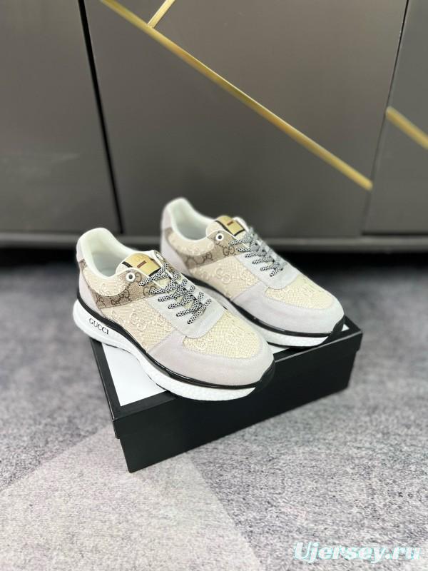 2024 Men Gucci Beige Brown Canvas Leather Sneakers MJ00260