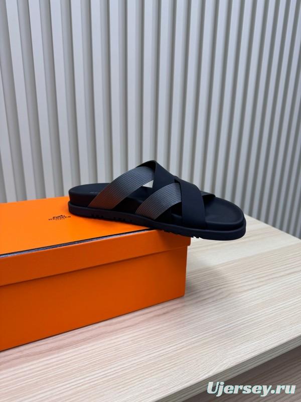 2025 Unisex Hermès Black Grey Leather Slippers