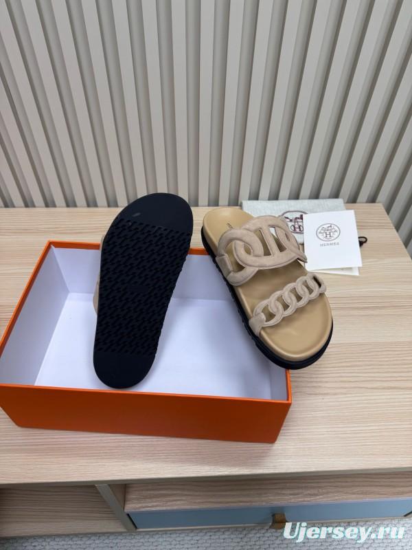 2025 Women Hermès Beige Suede Slippers