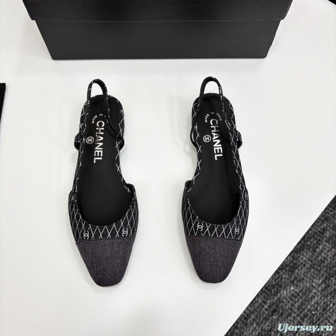 2025 Women Chanel Black White Fabric Leather Slingback LY00240