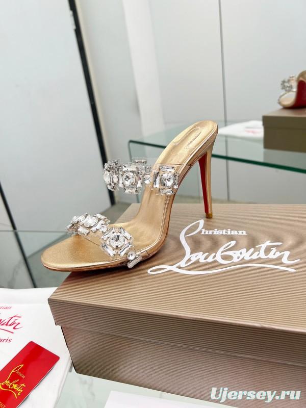 2025 Women Christian Louboutin Gold Leather High Heel Sandals LY00300