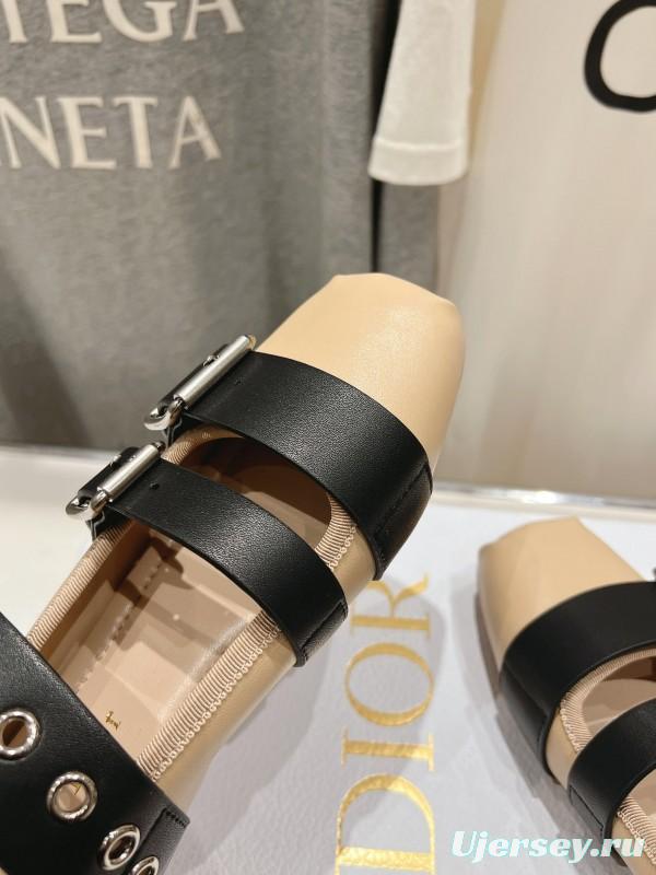 2025 Women Dior Beige Black Leather Mary Jane Buckle KFY00300