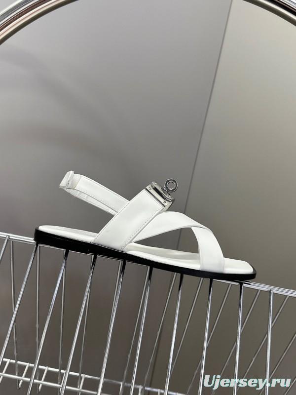 2025 Women Hermès White Calf Leather Sandals Metal Buckle KFY00300
