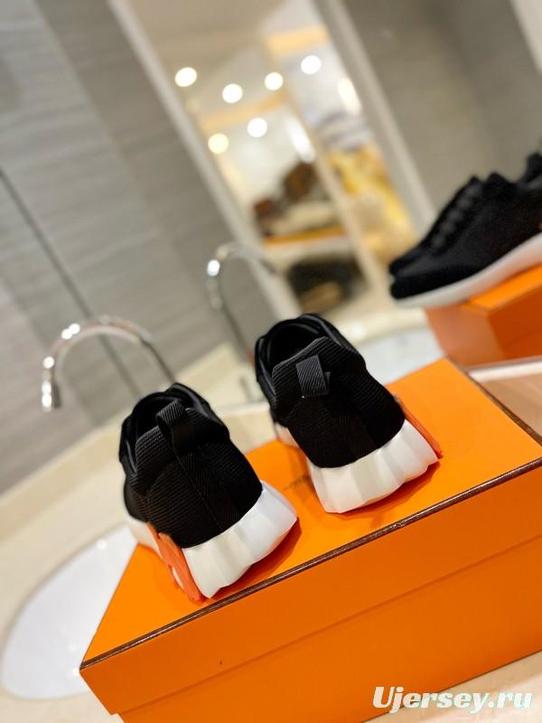 2024 Unisex Hermès Black Imported Silk Glazed Calf Suede Synthetic Fabric Sneakers MJ00320