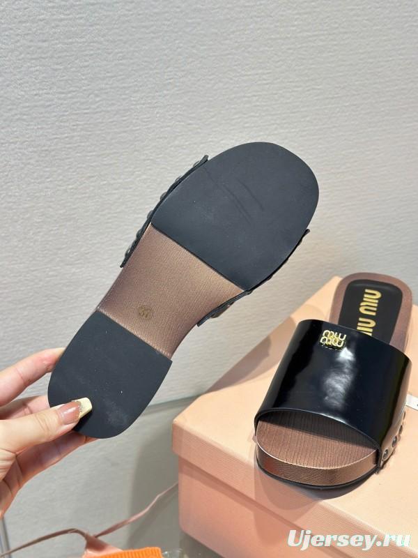2025 Women Miu Miu Black Leather Slippers