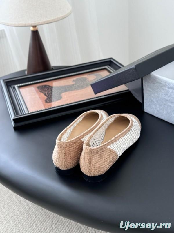 2025 Women Chanel White Beige Leather Mesh Ballet Flats LY00280