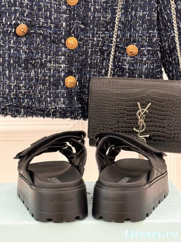 2025 Women Prada Black Leather Slippers