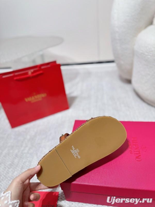 2025 Women Valentino Brown Leather Sandals Rope Braided LY00250