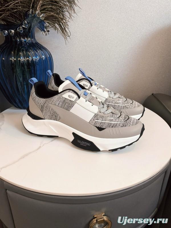 2024 Unisex Valentino White Grey Blue Fabric Leather Sneakers MJ00340