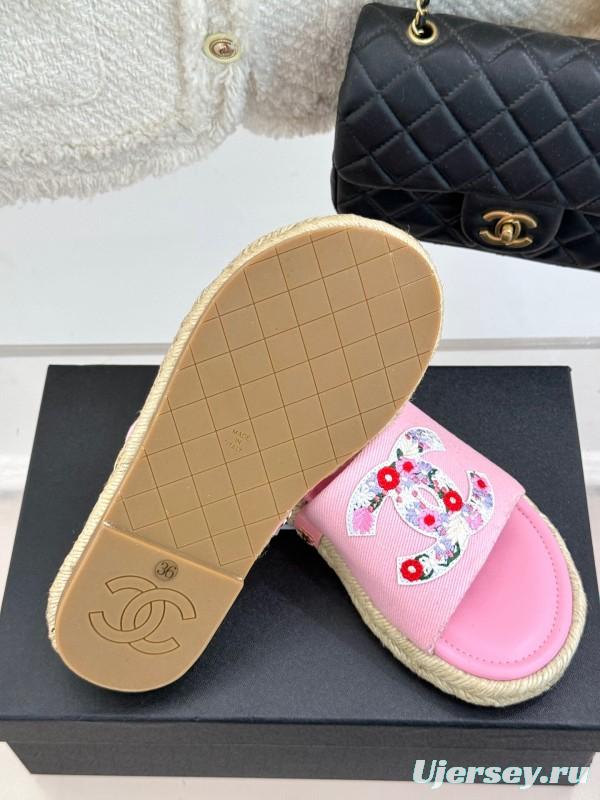 2025 Slippers Chanel Pink Canvas Embroidered KFY00230
