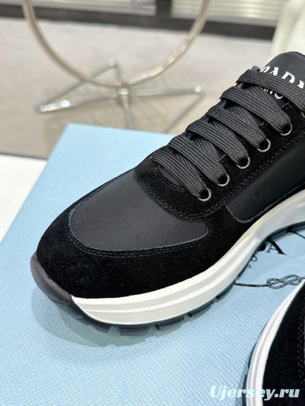 2025 Women Prada Black Leather Mesh Sneakers KFY00310