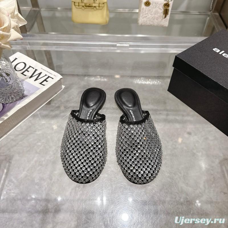 2025 Slippers Alexander Wang Black Crystal Mesh Leather Slippers LY00310