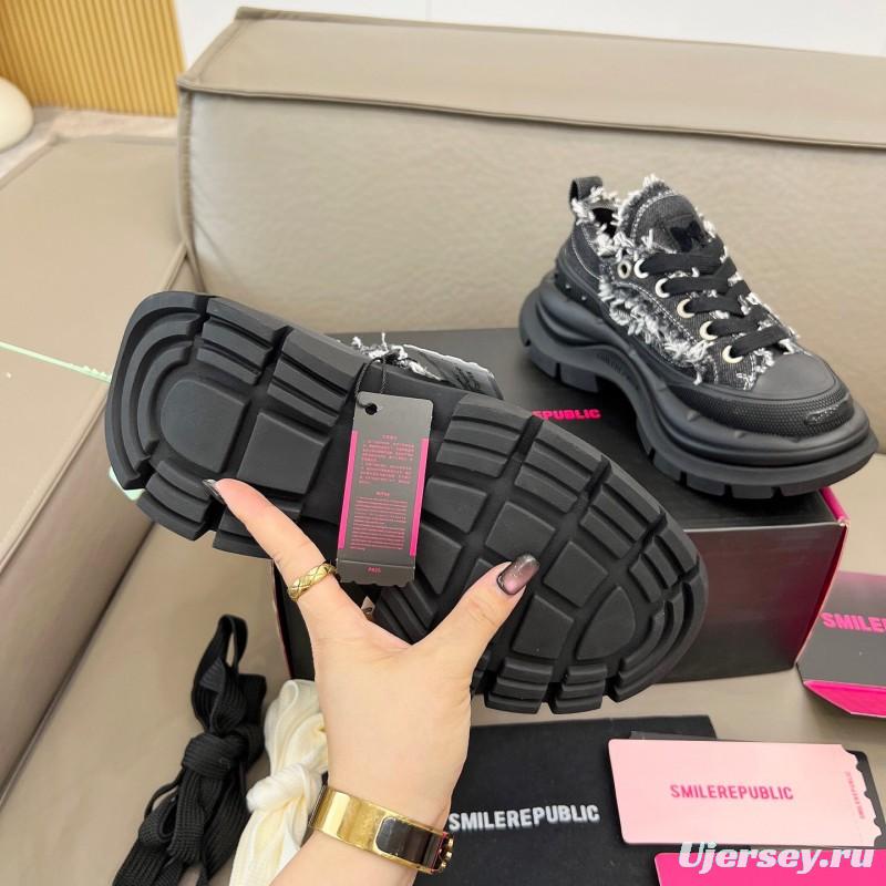 2025 Women SmileRepublic Black Tweed Leather Canvas Chunky Sneakers LY00291