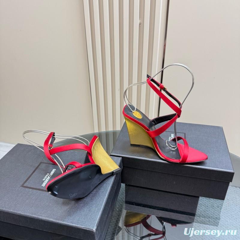 2025 Women Yves Saint Laurent Red Silk Wedge Sandals Elegant Craftsmanship LY00360(F)