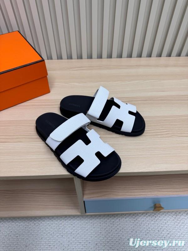 2025 Women Hermès White Black Leather Slippers
