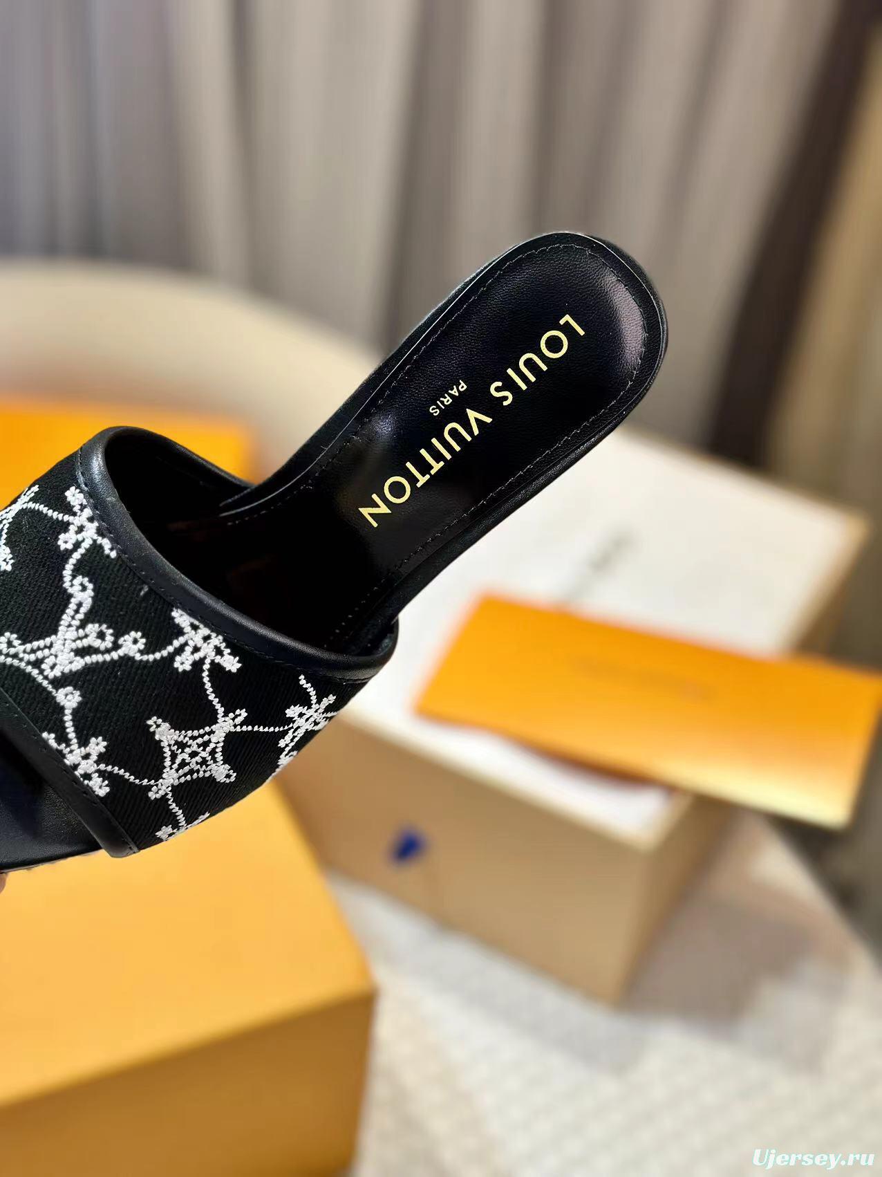 2025 Women Louis Vuitton Black White Embroidered Leather High Heel LY00250