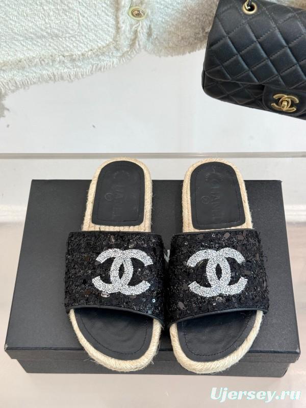 2025 Women Chanel Black Sequin Espadrille Slides Classic Double C Logo Handmade Braided Sole KFY00240(F)