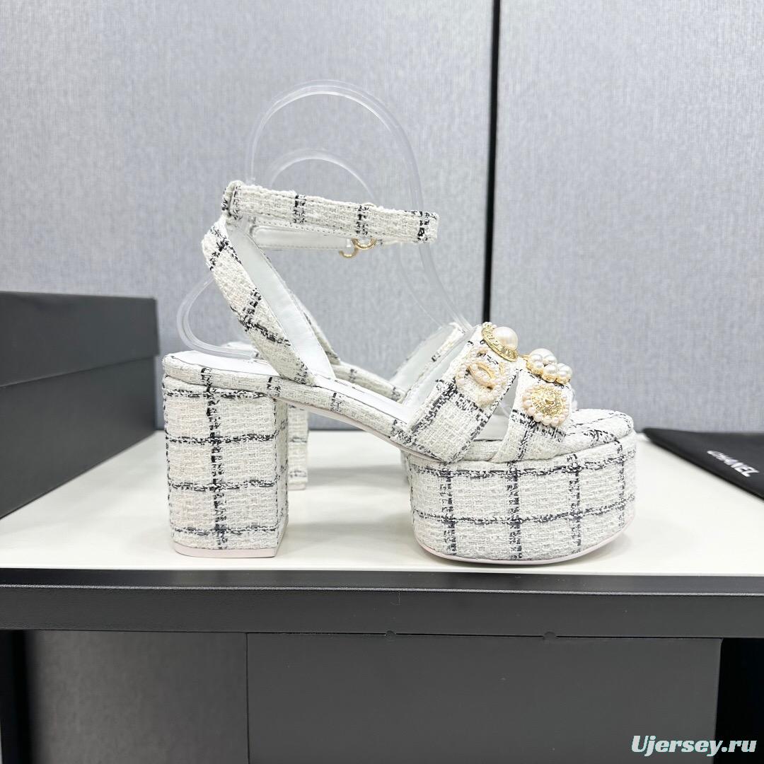 2025 Women Chanel White Black Fabric Platform Sandals Pearl Embellishment