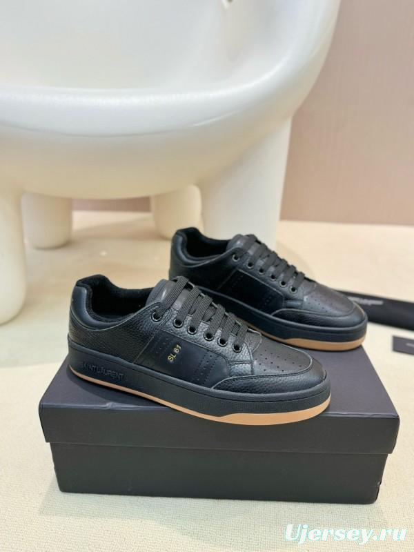 2024 Unisex Yves Saint Laurent Black Silk Grain Leather SL61 Casual Series Perforated MJ00350