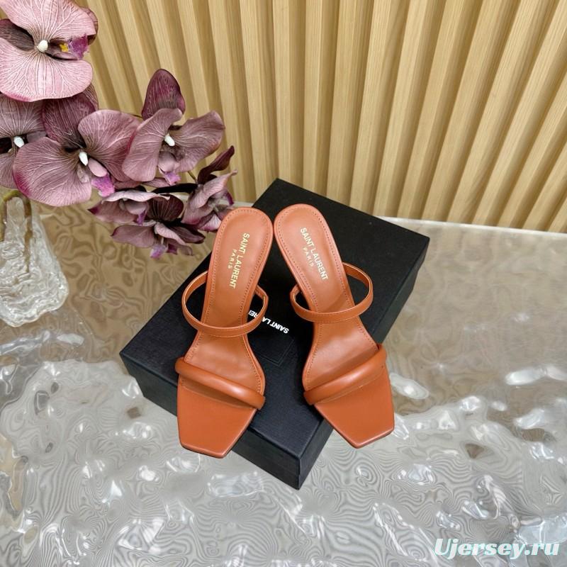 2025 Women Yves Saint Laurent Brown Leather High Heel Sandals Metal Logo MJ00310
