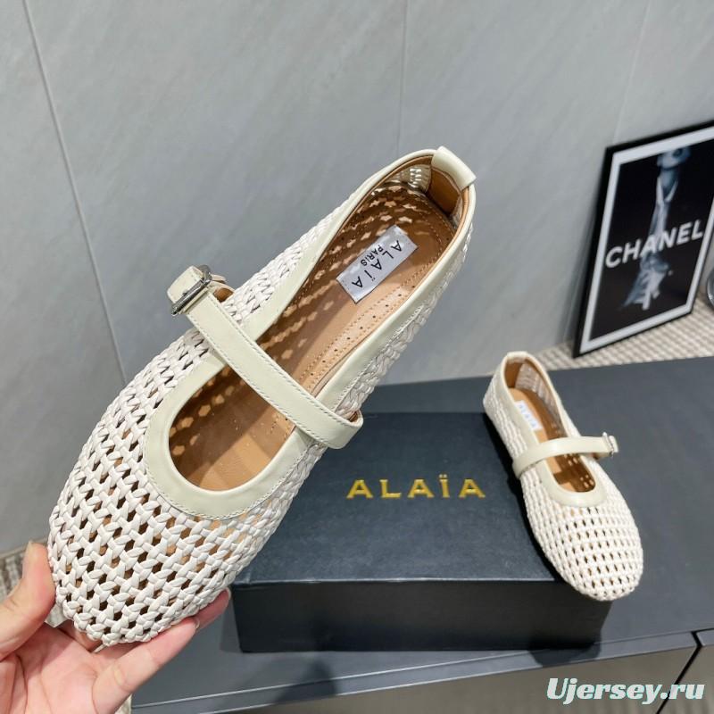 2025 Women Alaïa White Leather Woven Mary Jane Flat Shoes LY00360(F)
