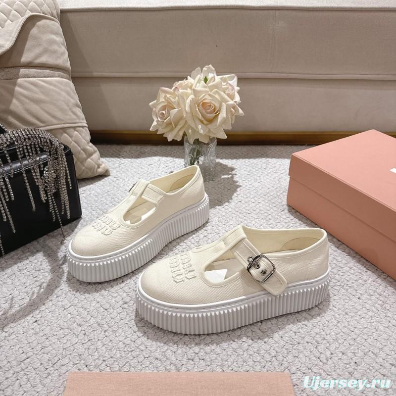 2025 Women Miu Miu White Canvas Platform Mary Jane LY00270