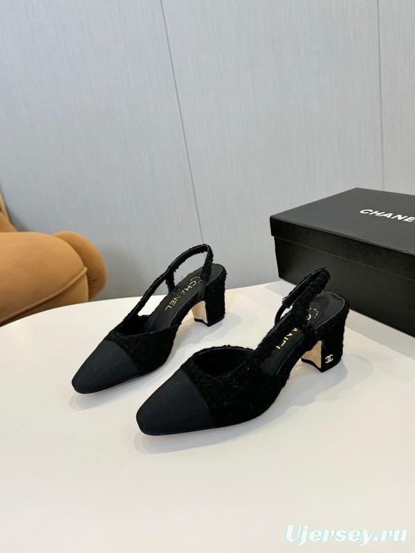 2025 Women Chanel Black Fabric Leather Slingback Heels LY00240