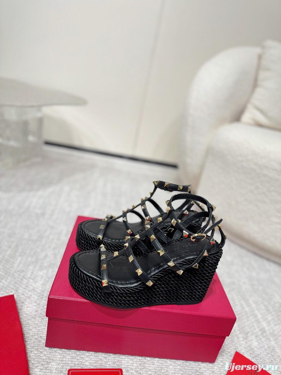 2025 Women Valentino Black Leather Studded Wedge Sandals