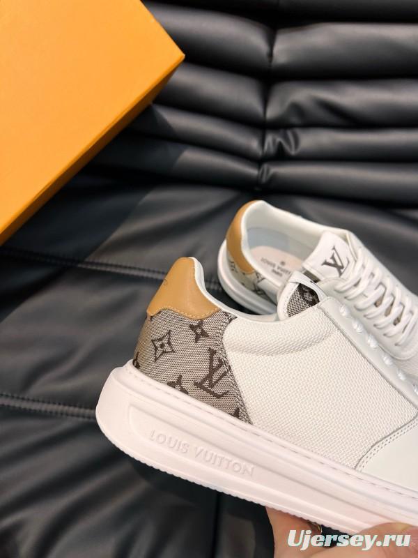 2024 Unisex Louis Vuitton White Brown Mesh Leather Sneakers MJ00400