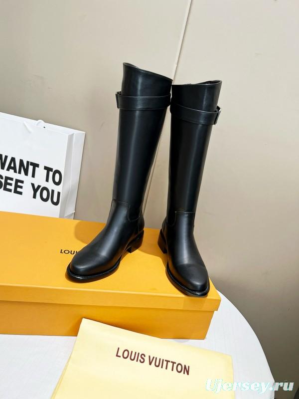 2024 Women Louis Vuitton Black Full Grain Leather Knee High Boots MJ00400