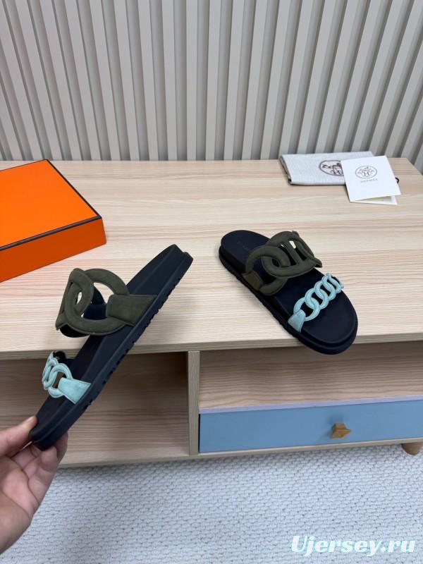 2025 Women Hermès Black Light Blue Leather Slippers