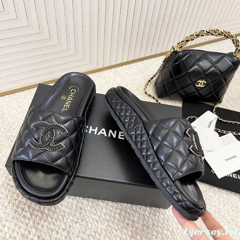2025 Chanel Black Leather Slippers CC Stitching KFY00290
