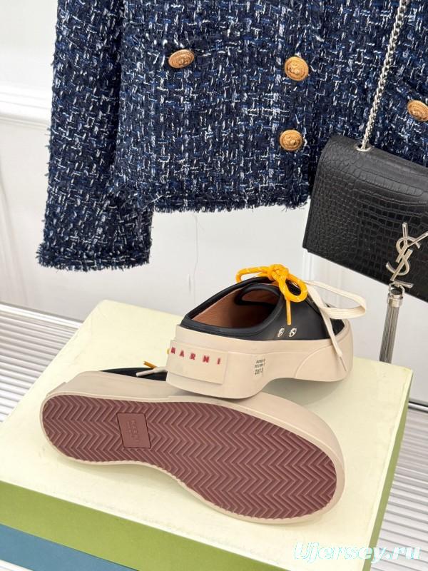 2025 Women YSL Saint Laurent Black White Leather Platform Sneakers Yellow Lace LY00360(F)