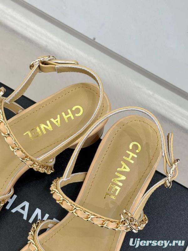 2025 Women Chanel Beige Lambskin Chain Strap Block Heel Sandals