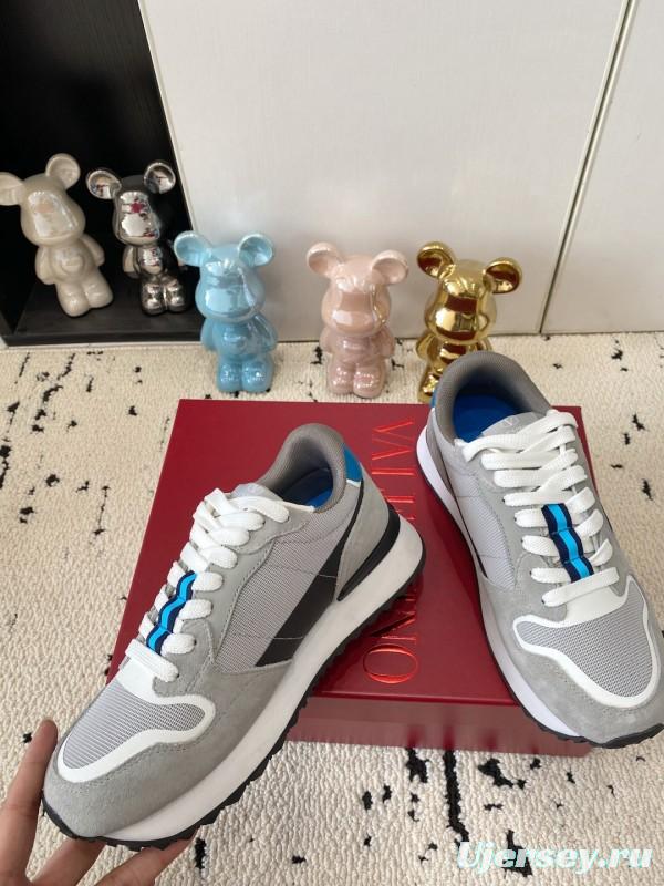 2025 Unisex Valentino Grey Blue White Leather Silk Glossy Running Sneakers LY00340