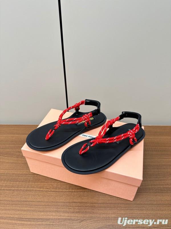 2025 Women Miu Miu Black Red Leather Sandals
