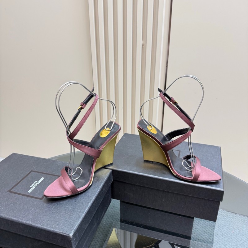 2025 Women Yves Saint Laurent Burgundy Suede Wedge Sandals Elegant Strappy Design KFY00290 (F)
