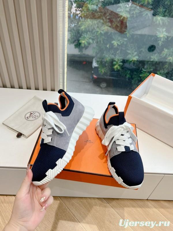 2024 Unisex Hermès blue grey orange knit leather sneakers
