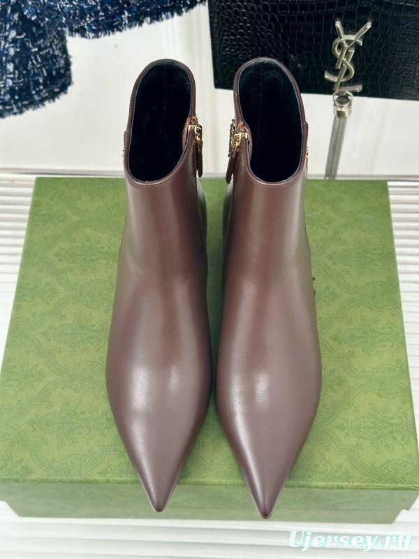 2024 Women Gucci Brown Calfskin Ankle Boots Chain Detail MJ00410
