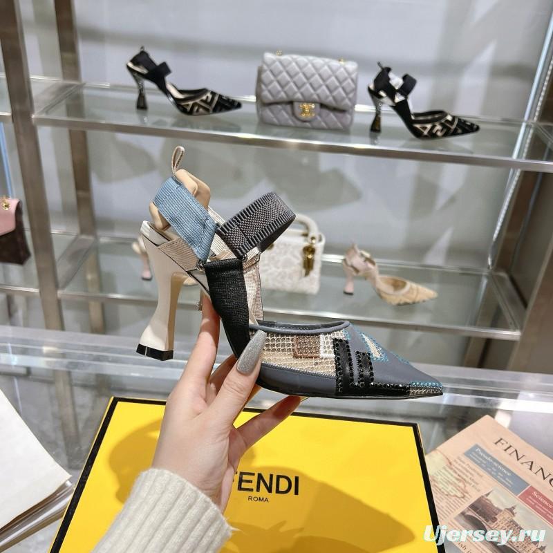 2025 Women Fendi Grey Blue Black Leather Mesh High Heels