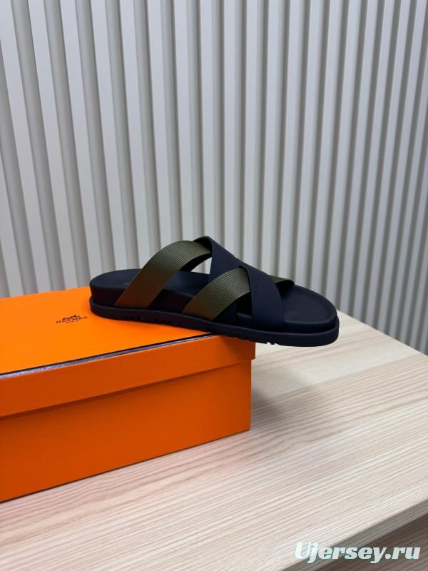 2025 Men Hermès Black Green Fabric Leather Slippers