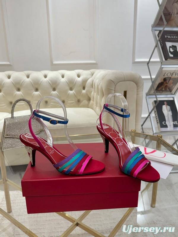 2025 Women Valentino Red Blue Green Pink Leather Suede High Heel Sandals LY00310